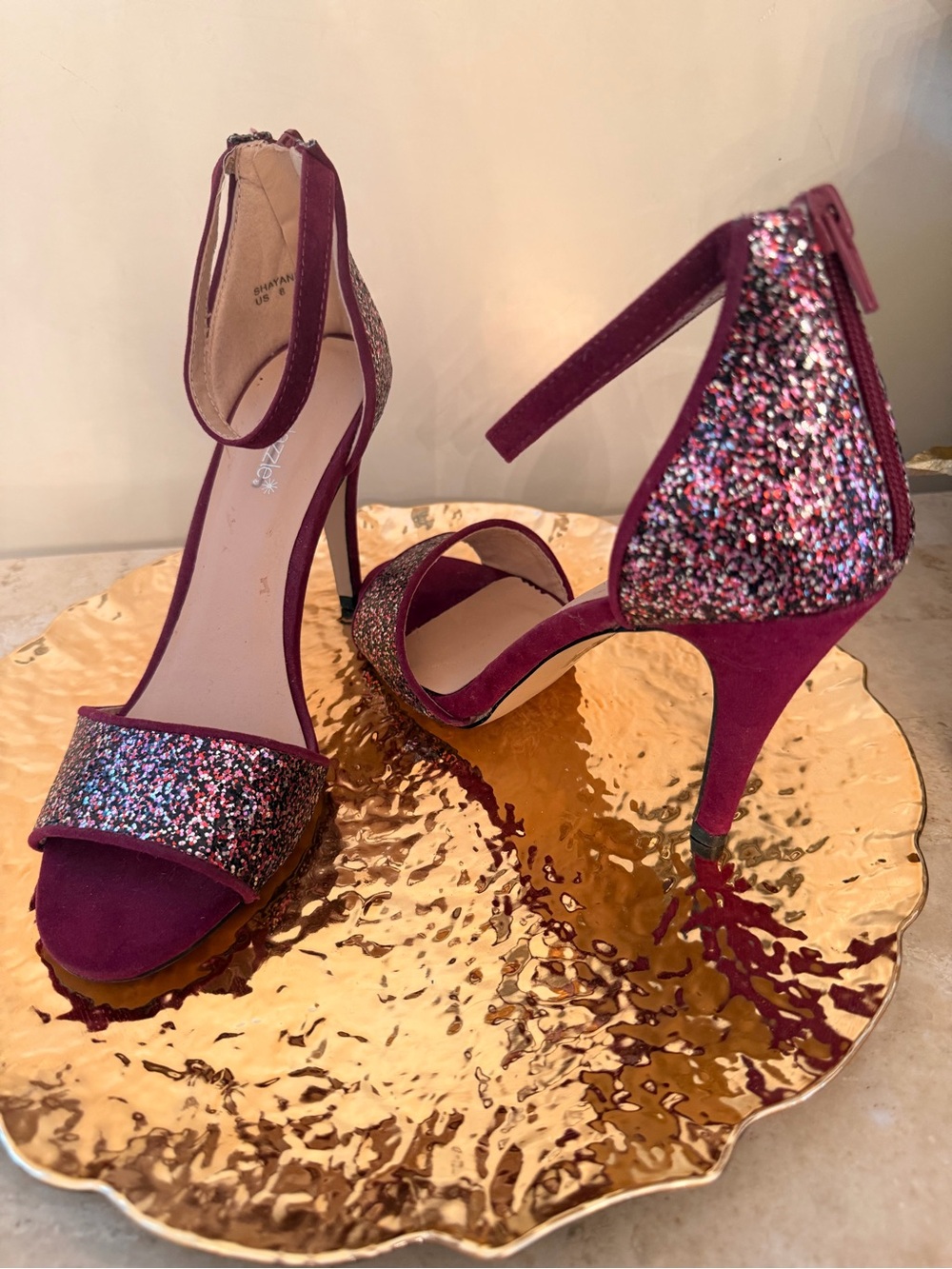 Shoe Dazzle Burgundy Glitter Ankle-Strap Heels